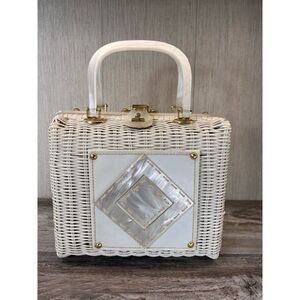 Wicker Crossbody Box Bag in Ivory with Pearl Accent
